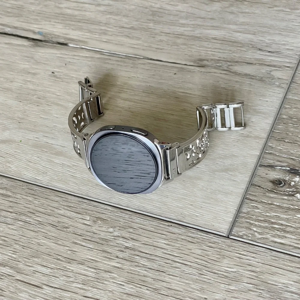 Silver Floral Stainless Steel Smartwatch Band - Fits Round Smartwatches - Picture 7 of 9